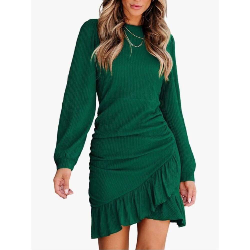 Cupshe Knit Ruched Dress Smocked Ruffle Hem Long Sleeve Bodycon Green M NWT